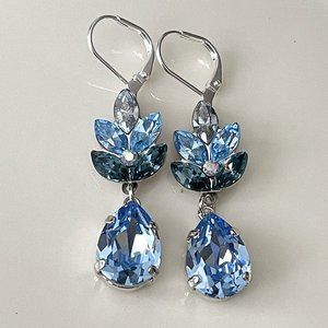 Blue crystal bridal  leaf earrings chandelier pear weddings long earrings
